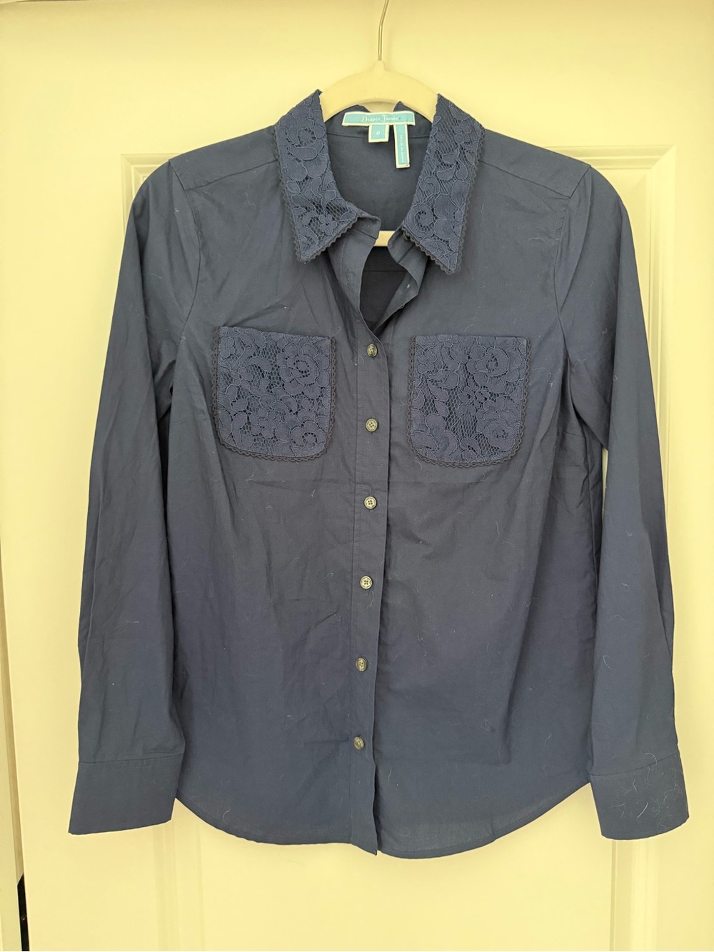 NEW Draper James Navy Button-Up Shirt with Lace Trim